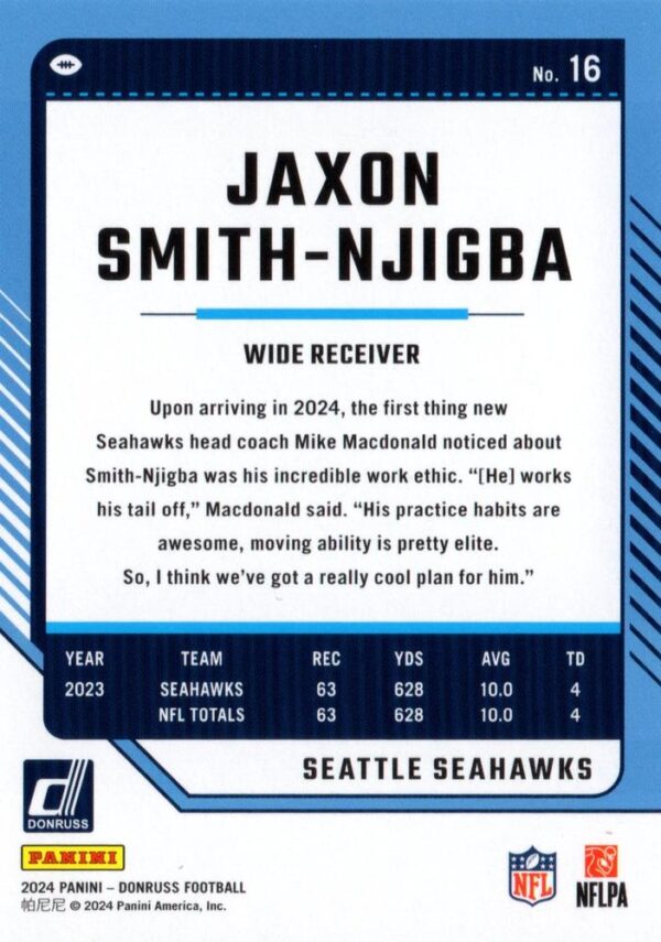 2024 Donruss #16 - Jaxon Smith-Njigba (Seattle Seahawks, WR) - Image 2
